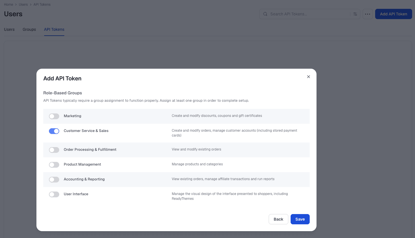 Role-based groups screen for an API token